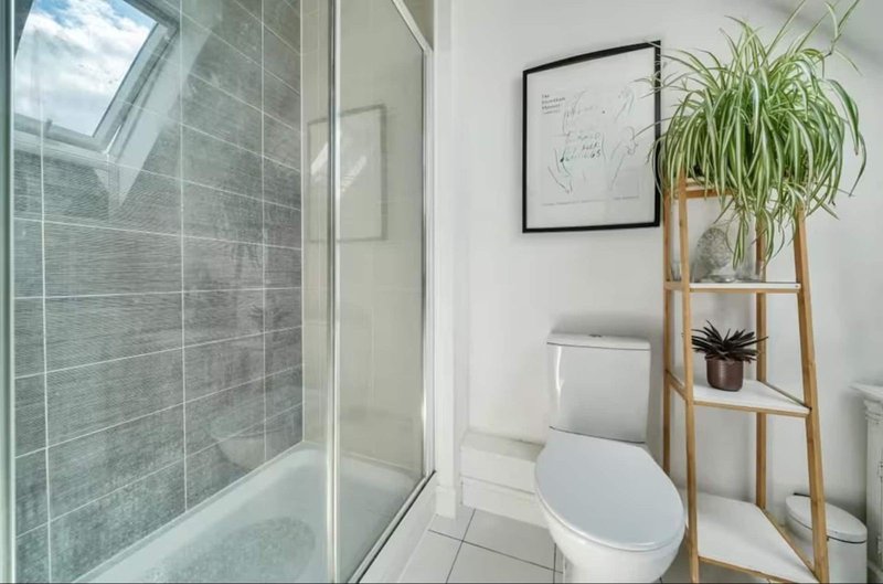 Modern bathroom with grey tile shower enclosure, white toilet, wooden plant stand with greenery