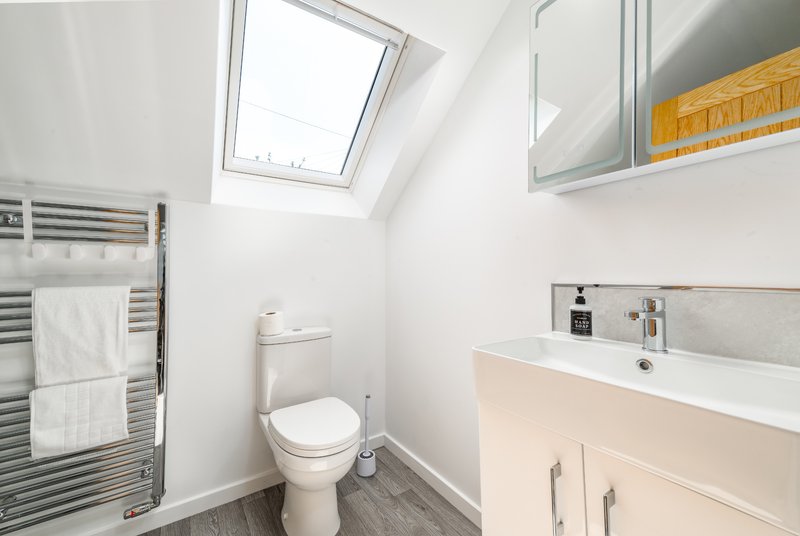 Clean modern bathroom with toilet, sink, heated towel rail and skylight
