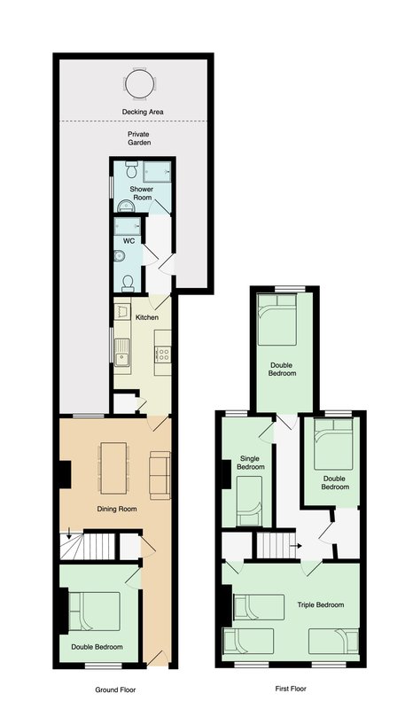 Floor plan layout showing ground and first floor with labeled rooms and dimensions