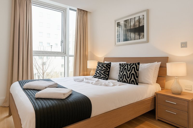 Bright modern bedroom with double bed, wooden frame, patterned cushions, bedside lamps and large window