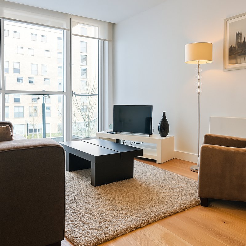 Modern living room with brown leather chairs, TV stand, floor lamp and city views