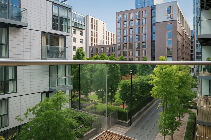 Balcony overlooking urban courtyard with green trees and modern residential buildings