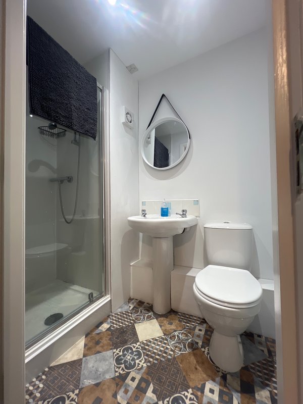 Modern bathroom with shower enclosure, pedestal sink, toilet and round mirror