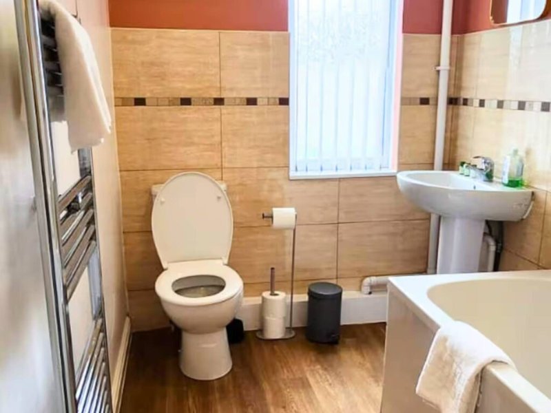 Bathroom with toilet, pedestal sink, bathtub, and heated towel rail