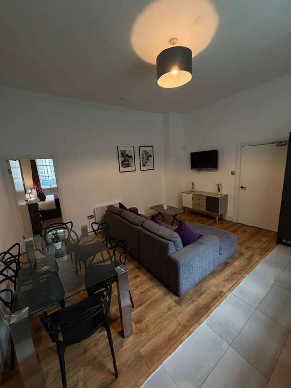 Open-plan living room with dining table, sofa, wooden floor and ceiling light