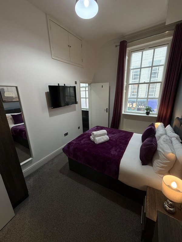 Modern bedroom with double bed, TV, window with purple curtains and natural light