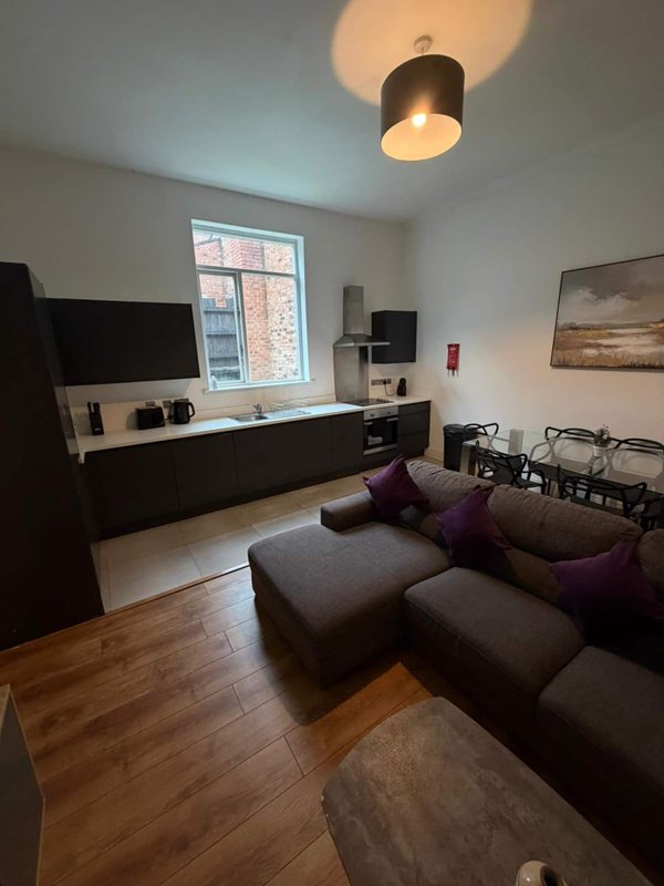 Open-plan studio with dark kitchen units, grey sofa with burgundy cushions, wooden floor and ceiling light