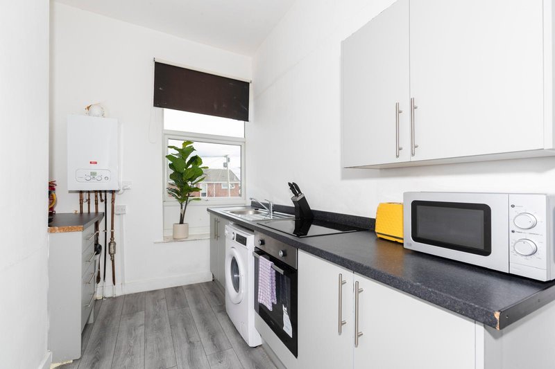 Modern kitchen with white cabinetry, black countertop, built-in appliances and window