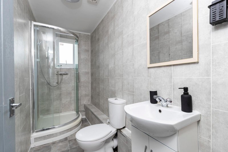 Modern bathroom with curved shower enclosure, toilet, white sink and mirror
