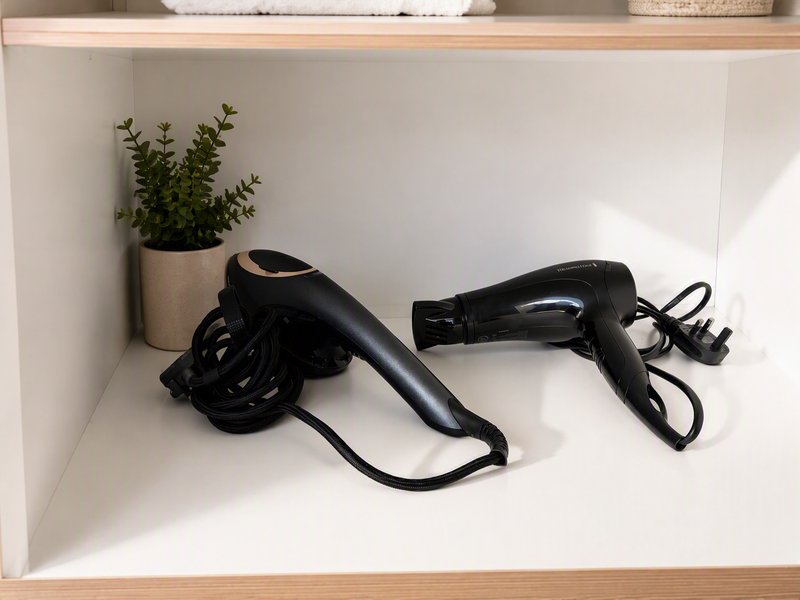 Bathroom shelf with hair styling tools, potted plant, and white towel