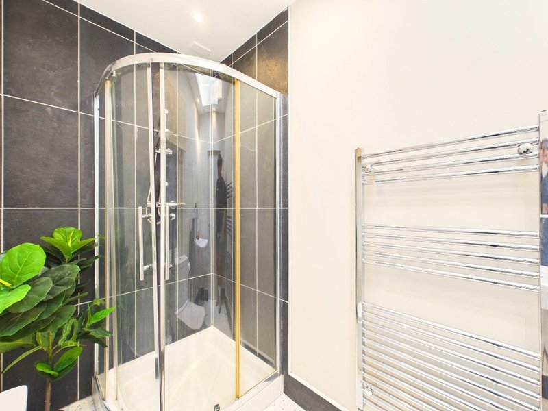 Modern bathroom with corner shower cubicle, heated towel rail, and potted plant