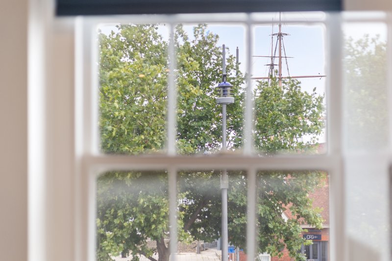 Window with multi-pane glass overlooking green trees and outdoor garden area