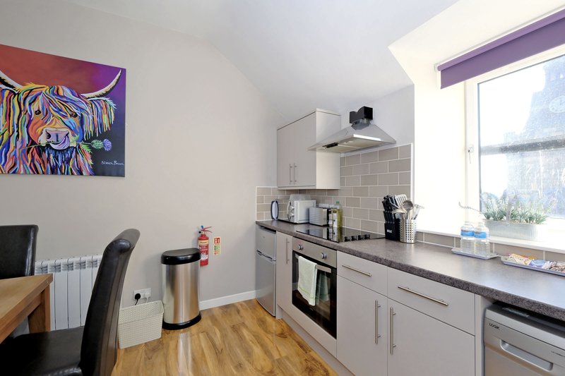 Modern kitchen with grey cabinets, stainless steel appliances, wooden flooring and colorful wall art