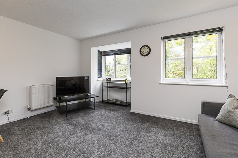 Bright living room with gray carpet, TV stand, desk, and seating near windows