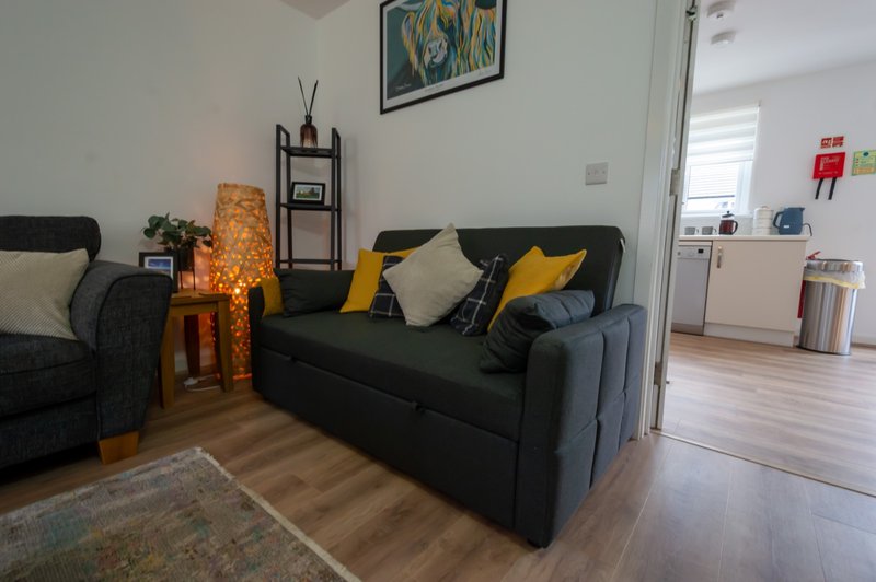 Open-plan living room with black sofa, cushions, wooden floor and kitchen visible in background