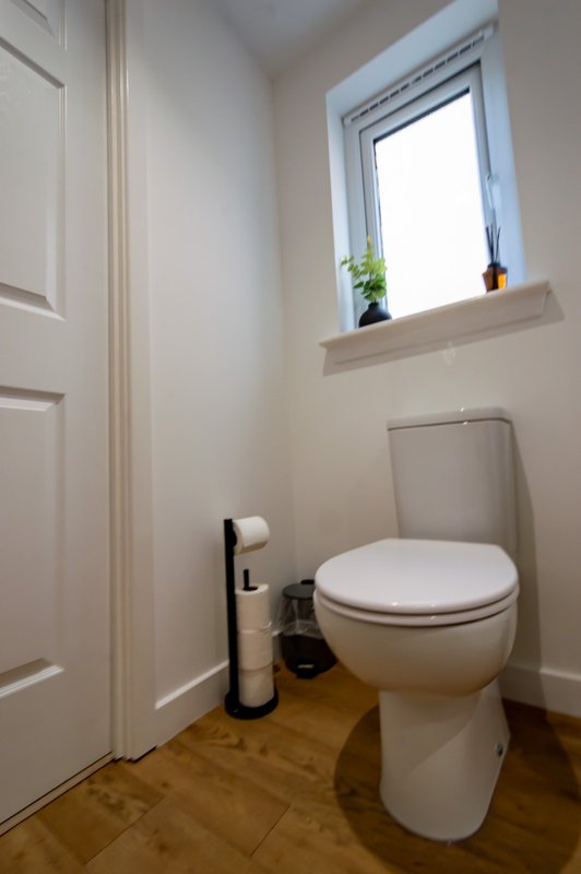 Small bathroom with toilet, window with plants, wooden floor and white door