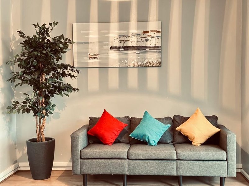 Living room with gray sofa, colorful throw pillows, potted plant and framed wall art