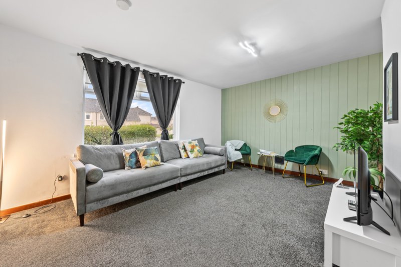 Spacious living room with gray sofa, green accent wall, dark curtains, and potted plant