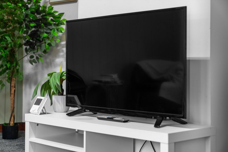 Living room with flat-screen TV on white media console, potted plant and decorative items