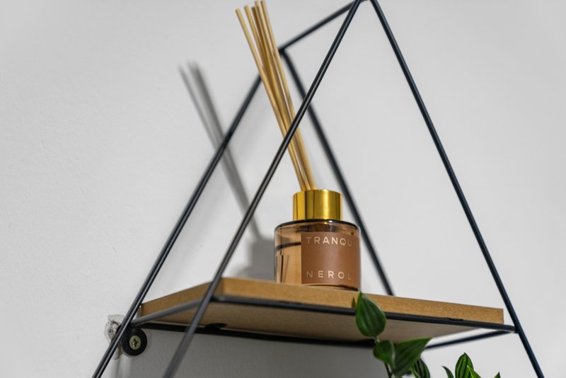 Decorative wall shelf with reed diffuser, dried grasses, and potted plant