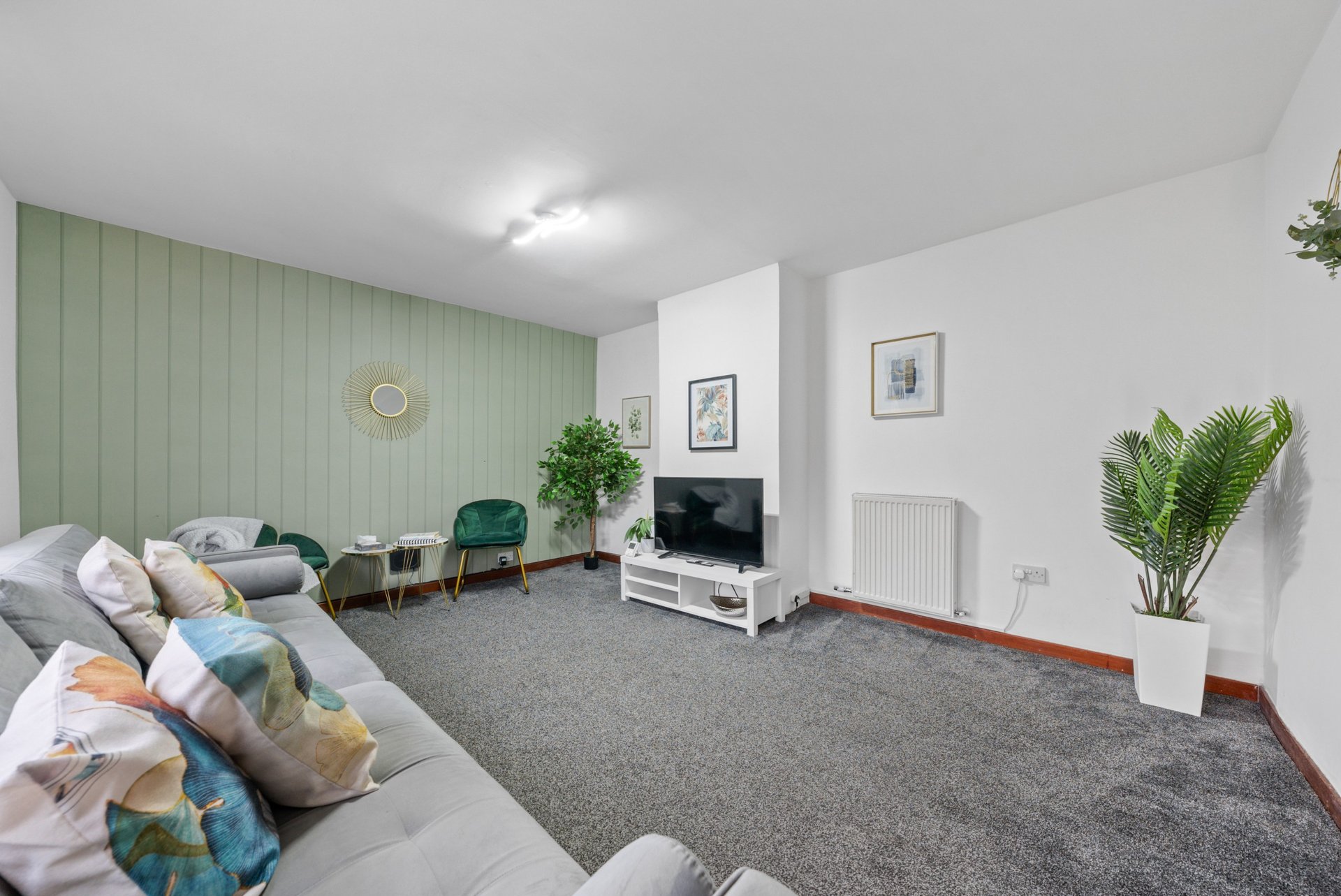 Spacious living room with grey sofa, green accent wall, TV, plants and modern furniture