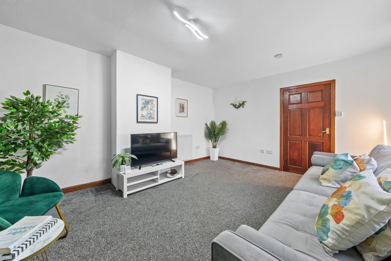 Bright living room with gray carpet, sofa, TV unit, plants and wooden door