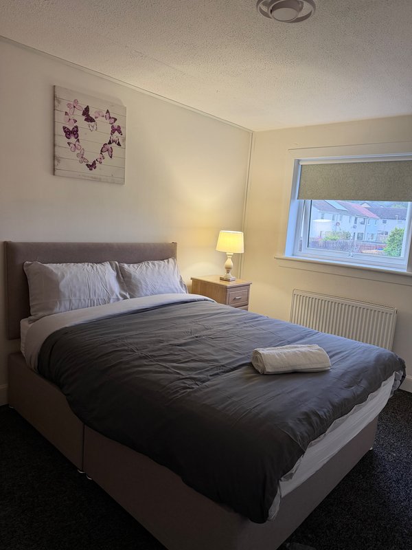 Bedroom with double bed, dark duvet, bedside lamp, and butterfly wall art