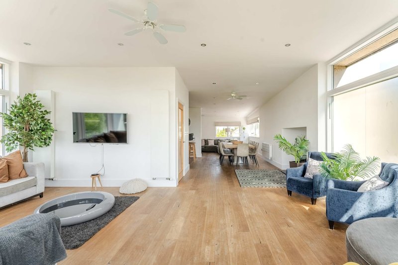 Open-plan living space with wooden floors, modern furniture, TV, plants and natural light
