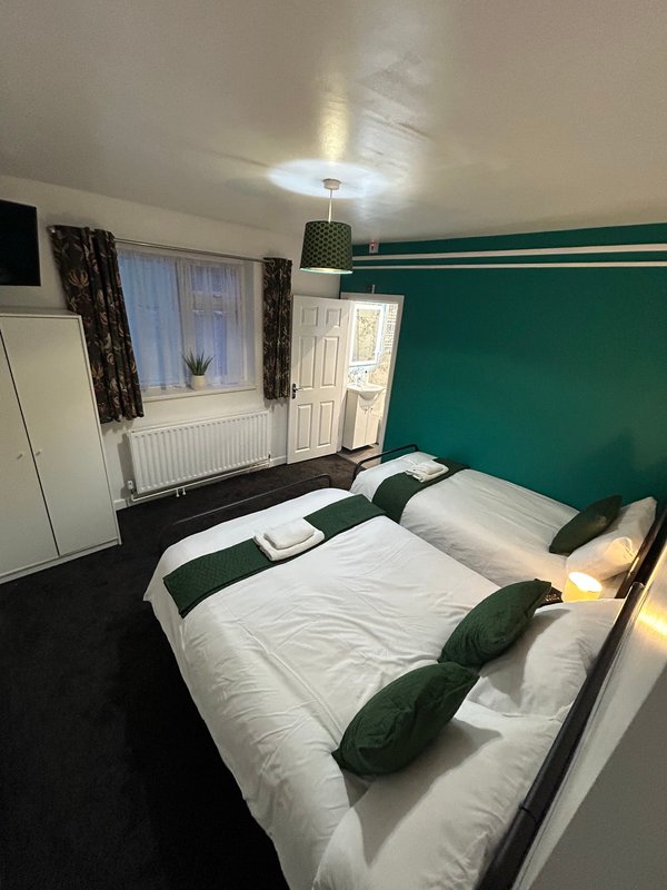Bedroom with twin beds, green accent wall, window with curtains, and pendant light