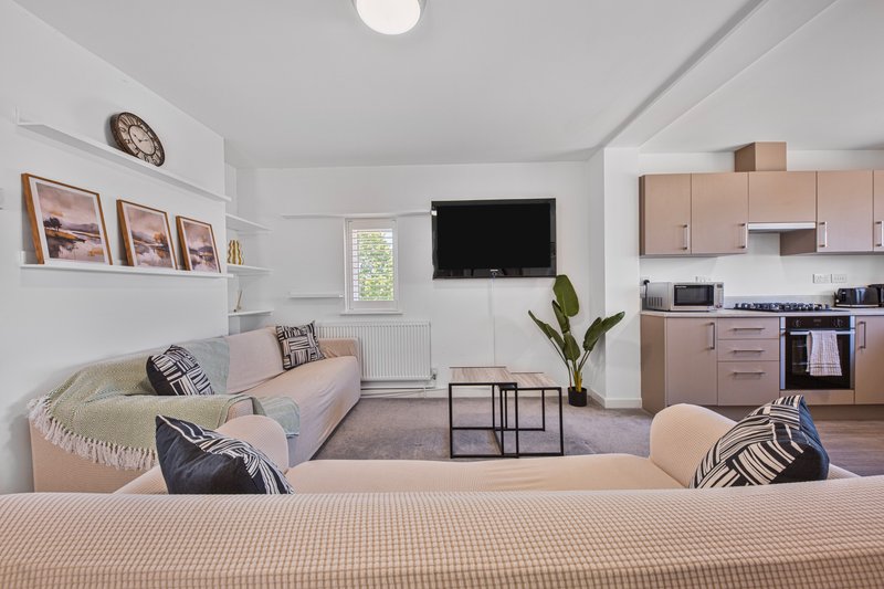 Open-plan living room with sofa, TV, kitchen area and framed wall art