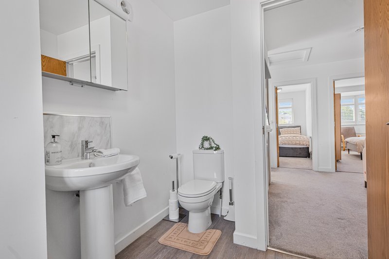 Bathroom with pedestal sink, toilet, mirror cabinet and wood-effect flooring