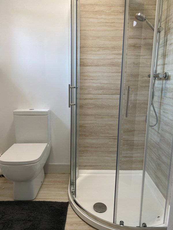 Modern bathroom with toilet, curved glass shower enclosure and wood-effect tiling