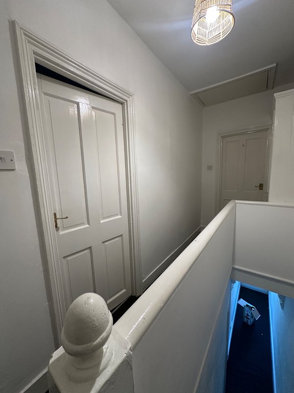 Hallway with white doors, pendant light fixture, and decorative white sculpture on railing