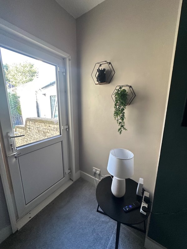 Small entryway with grey door, hexagonal wall planters, white lamp on black chair