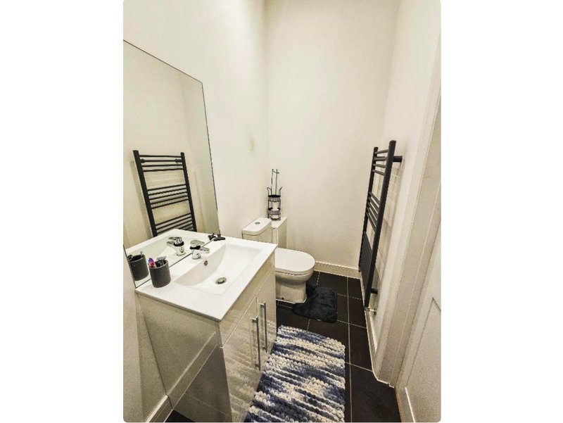 Modern bathroom with white sink, mirror, heated towel rails and dark floor