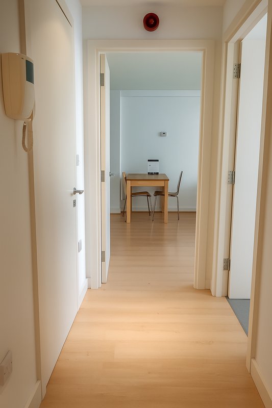 Bright hallway with wooden flooring opening to home office space with desk and chair