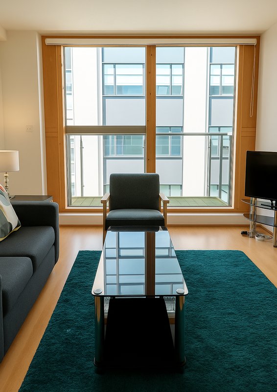 Modern living room with black armchair, teal rug, wooden flooring and large windows overlooking city
