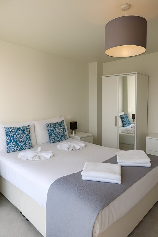 Bright modern bedroom with double bed, blue patterned pillows, folded towels, and pendant light fixture
