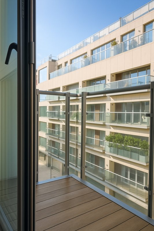 Modern apartment balcony with glass railing overlooking adjacent residential buildings