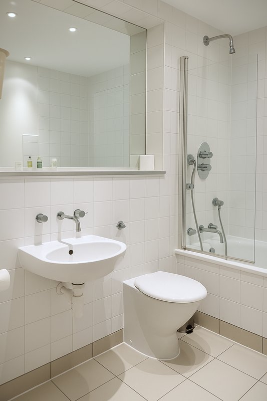 Clean modern bathroom with white wall tiles, round sink, toilet, and walk-in shower with glass screen