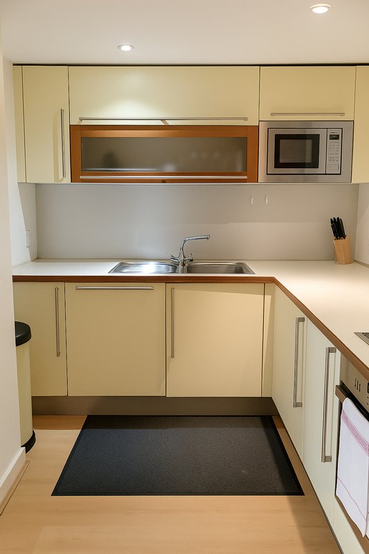 Compact kitchen with cream-colored cabinets, stainless steel sink, built-in microwave and wooden countertops