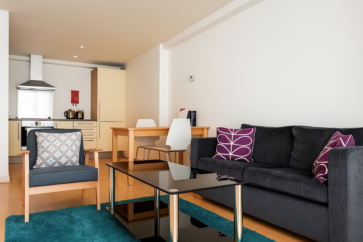 Open-plan living area with black sofa, wooden furniture, kitchen, and teal rug