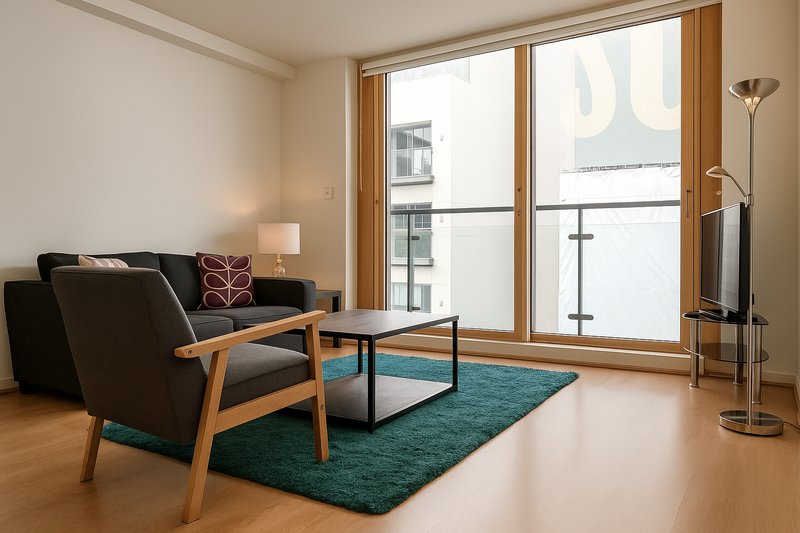 Modern living room with black armchair, wooden coffee table, teal rug and floor lamp