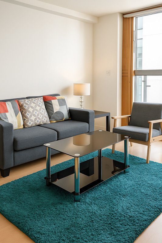 Modern living room with grey sofa, patterned cushions, teal rug and wooden coffee table