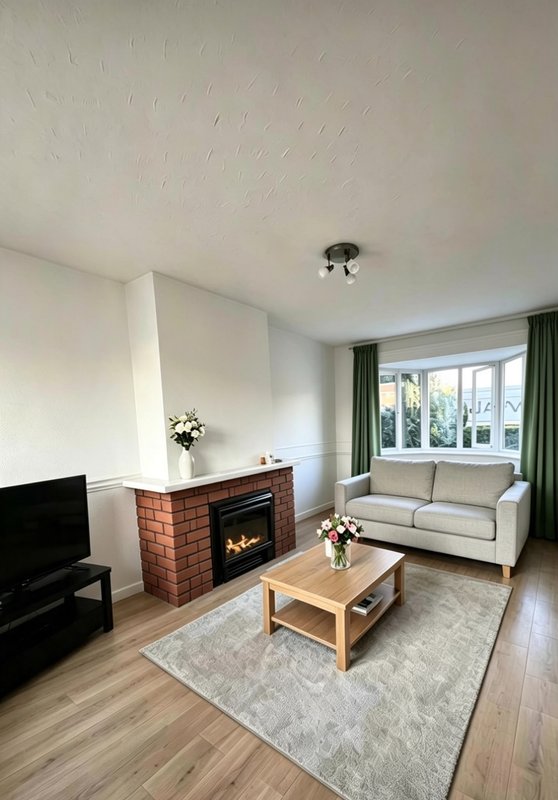 Living room with brick fireplace, cream sofa, wooden coffee table and window seating
