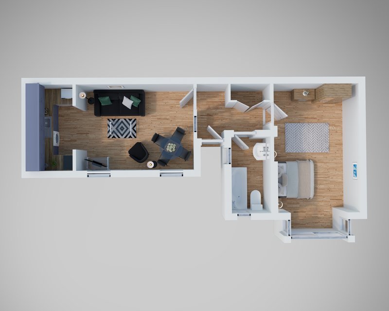 Overhead floor plan view of apartment layout with living area, kitchen, bedroom and bathroom