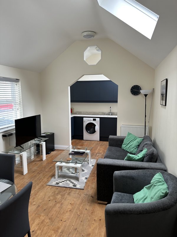 Open-plan living space with seating, TV, kitchenette, washing machine and skylight