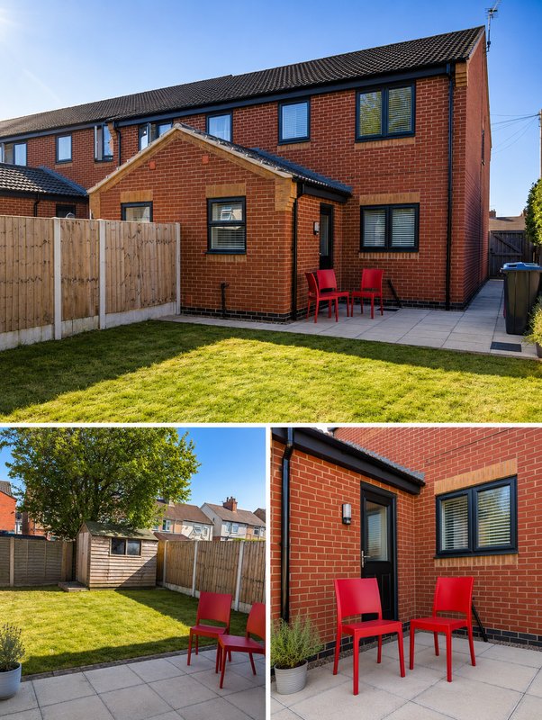 Red brick house with patio, garden, wooden fence and red outdoor chairs