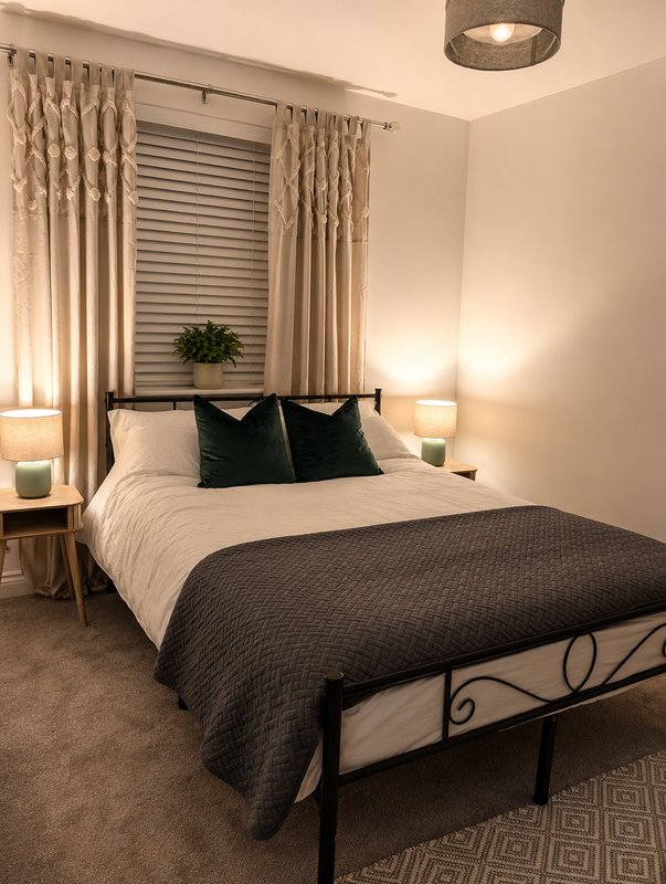 Bedroom with double bed, black metal frame, cream and dark bedding, curtains, and bedside lamps