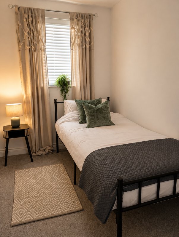 Bedroom with single bed, green cushion, bedside lamp, curtains and window